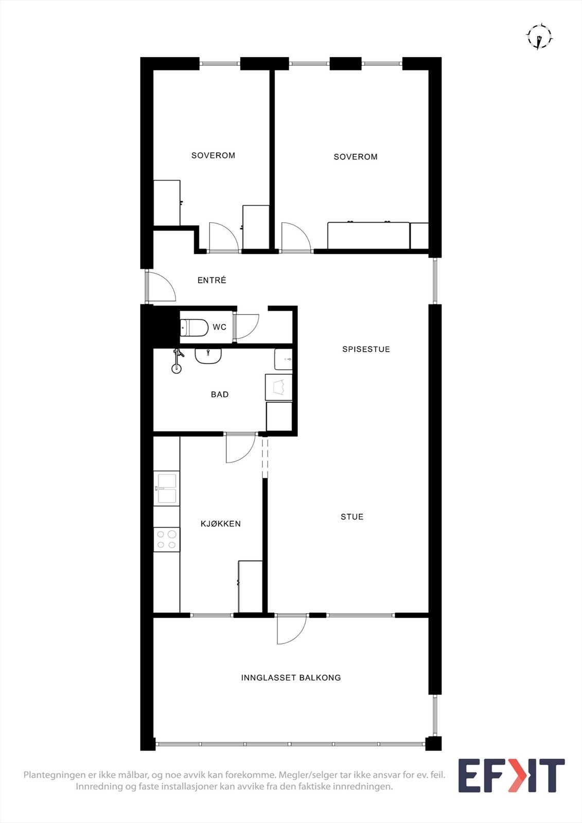 Plantegningen viser en arealeffektiv planløsning med to soverom og separat kjøkken. Galleribilde