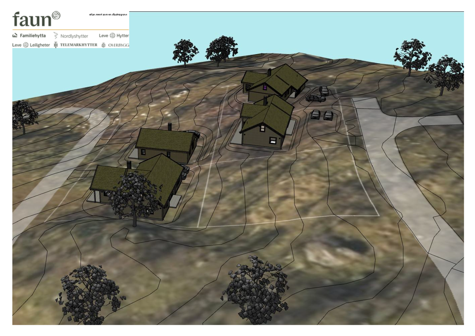 Illustrasjon med hytter plassert på tomtene Galleribilde