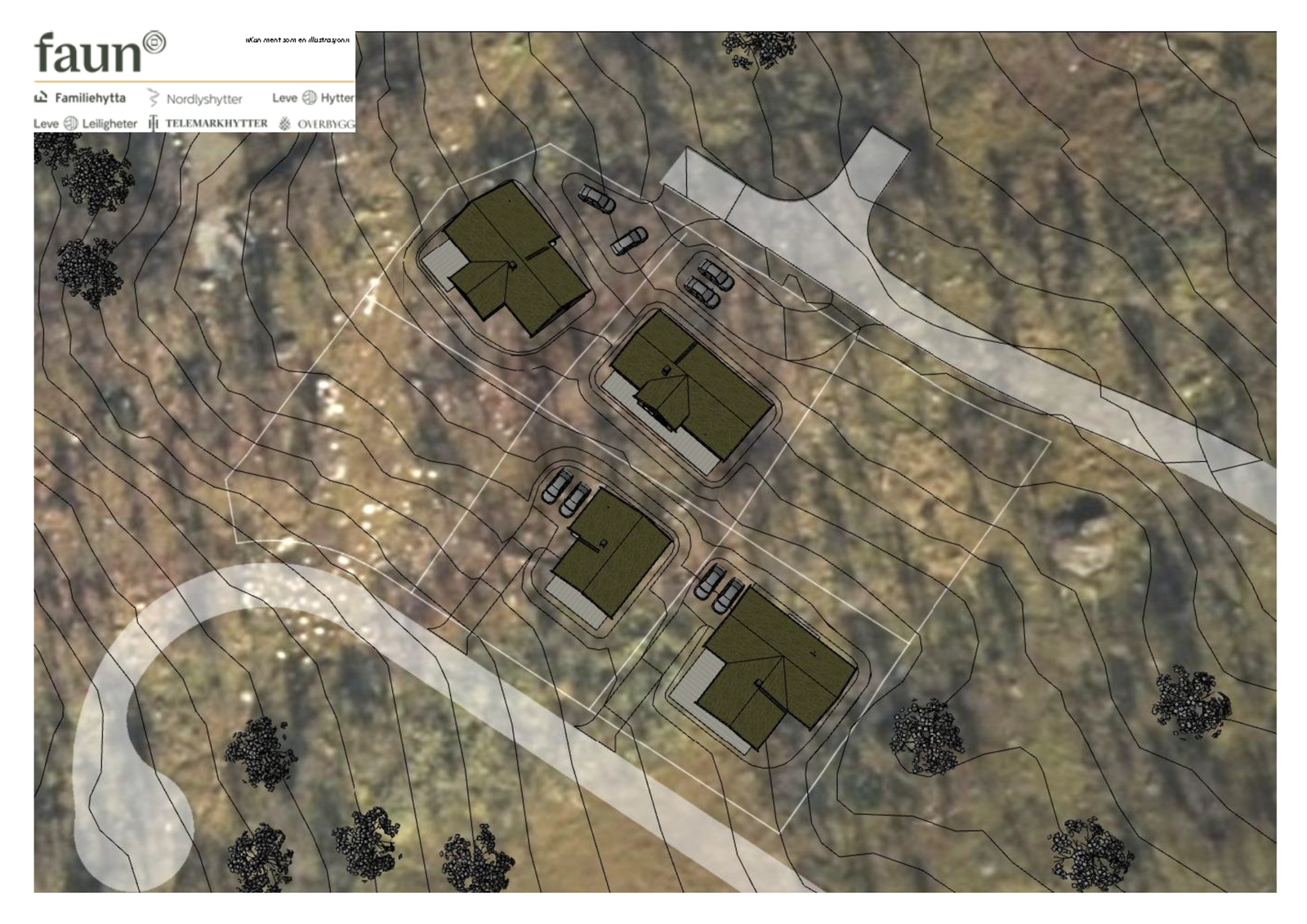 Illustrasjon med hytter plassert på tomtene Galleribilde