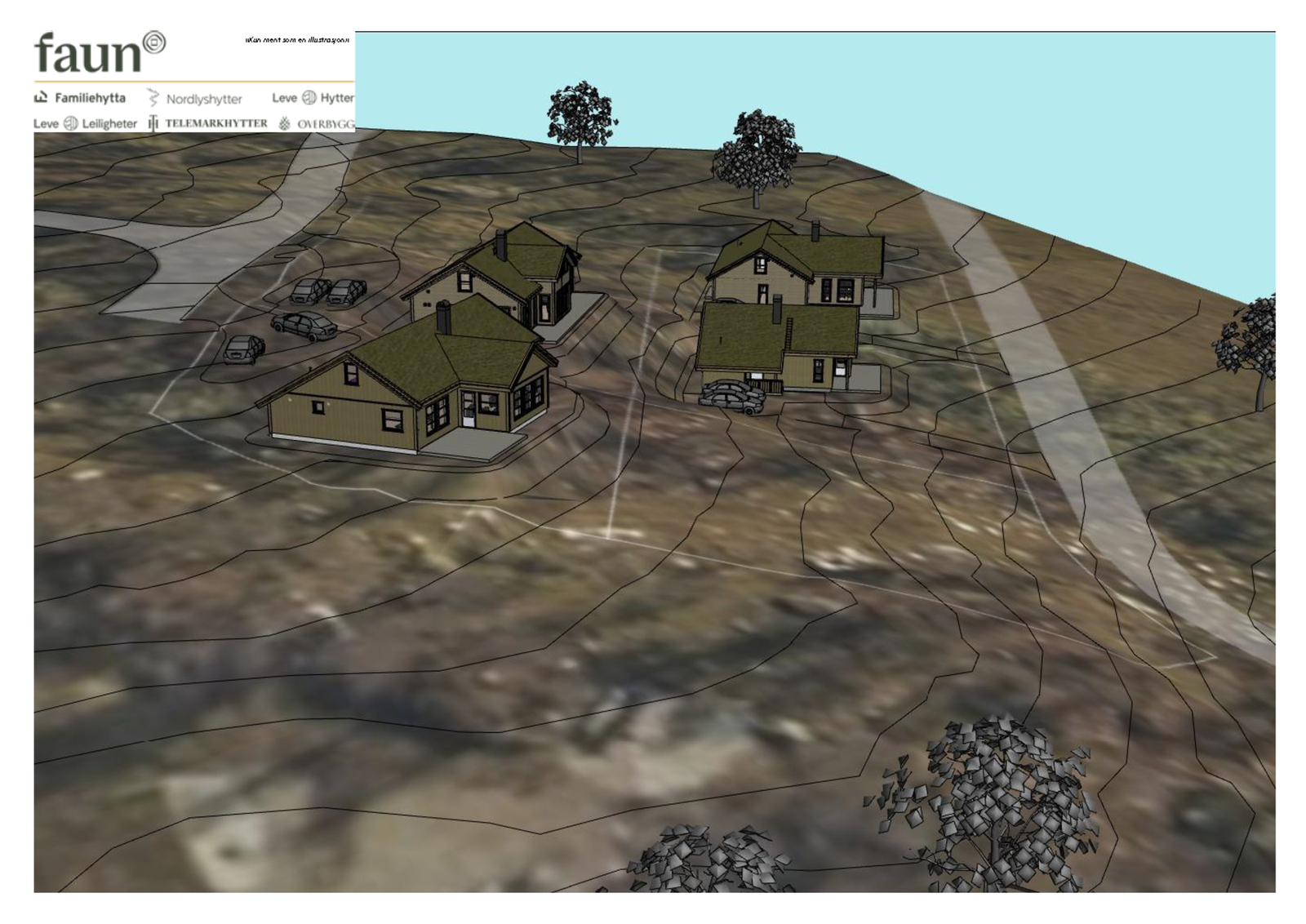 Illustrasjon med hytter plassert på tomtene Galleribilde
