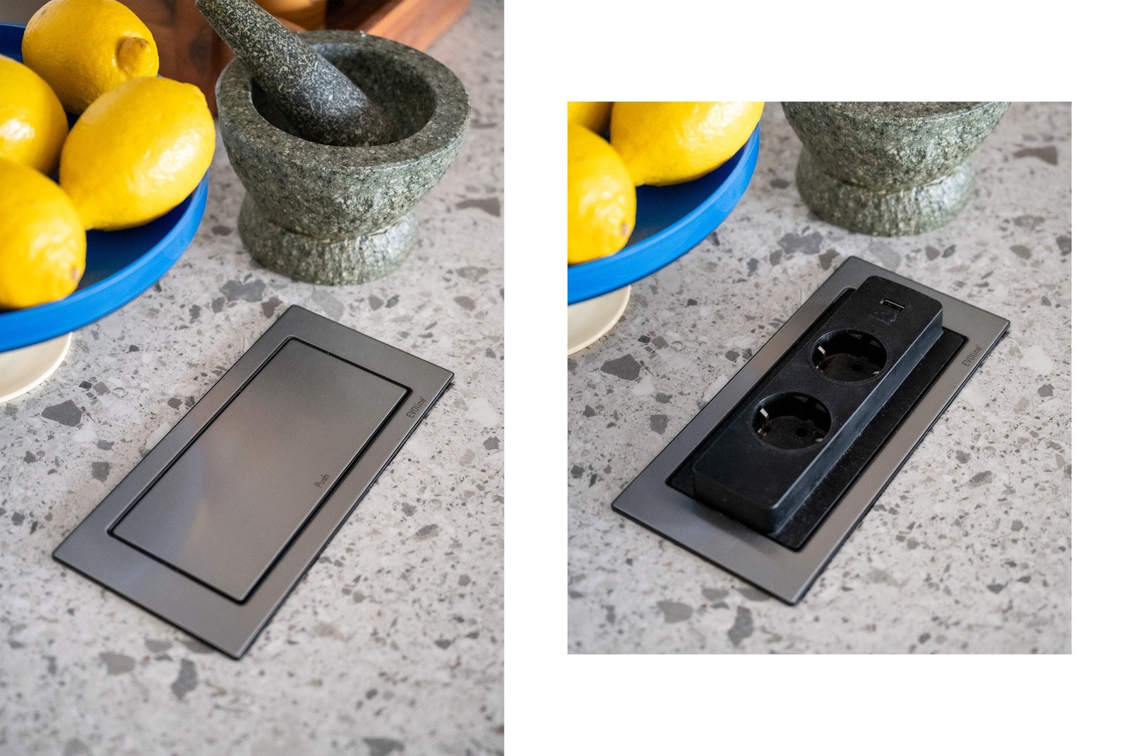 Kjøkkenbenken er utstyrt med nedfelt stikkontakt fra EvoLine - en diskret og praktisk løsning. Galleribilde