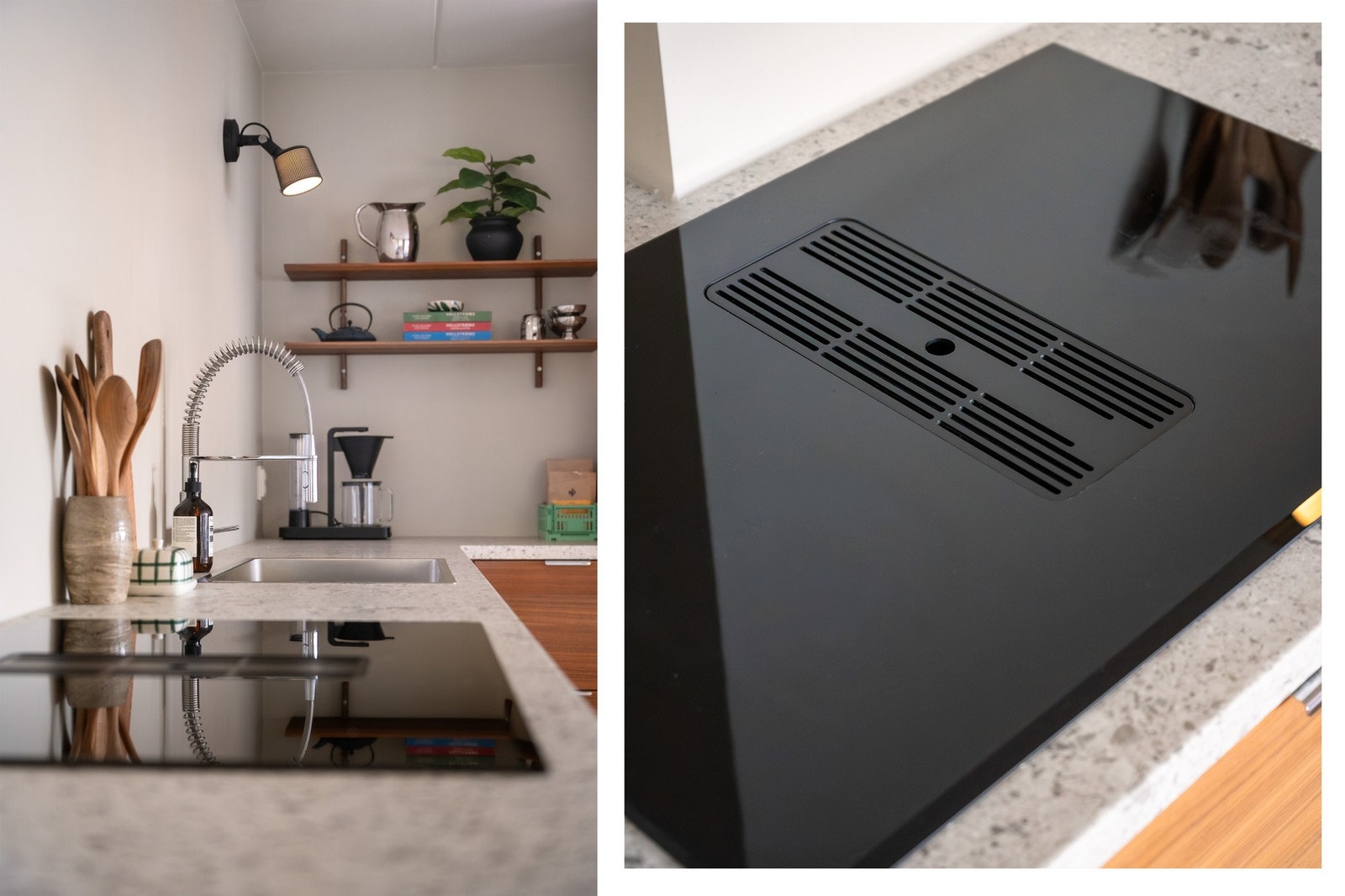 Benkeplaten er utført i laminat med steinlignende overflate og nedfelt kum i stål. Galleribilde