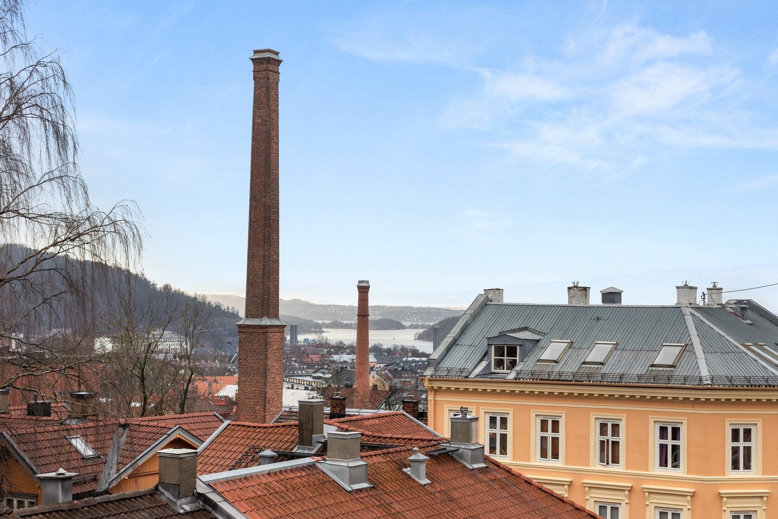 Nydelig fjordutsikt fra leiligheten, med hustakene som en rolig horisontlinje og helt uten innsyn. Galleribilde