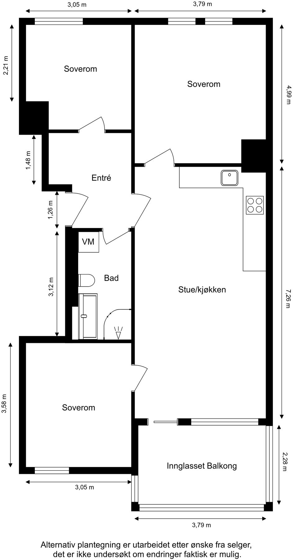 Alternativ plantegning - Mulighet for å flytte kjøkkenet ut i stue, og få et ekstra soverom Galleribilde