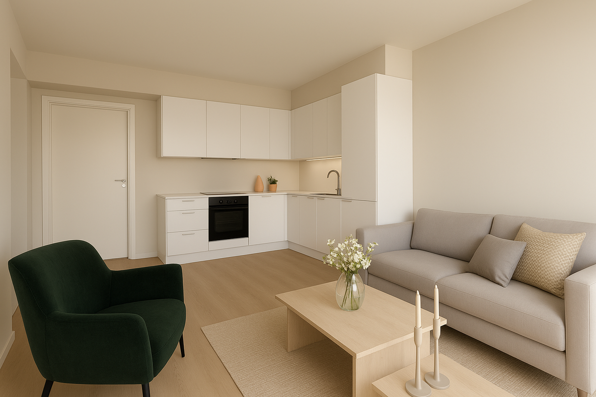 Åpen stue- og kjøkkenløsning med moderne materialvalg (Bildet er en illustrasjon, avvik vil forekomme) Galleribilde