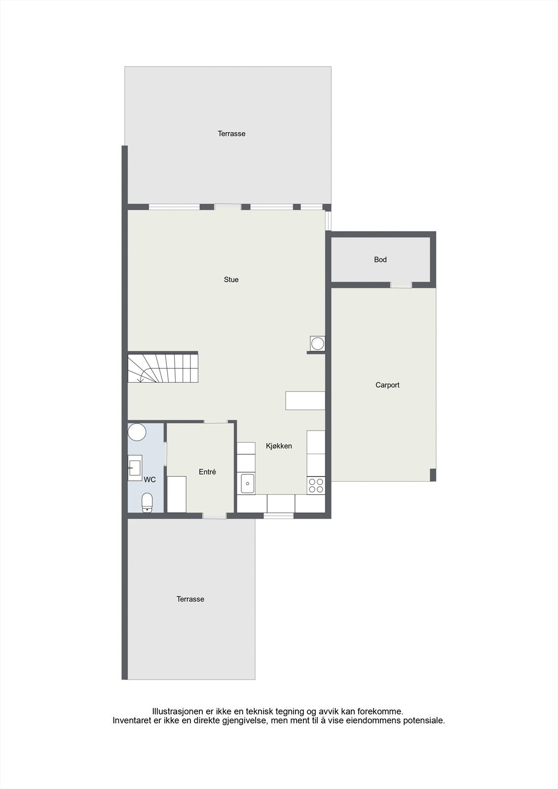 Første etasje har en sosial planløsning med stue, kjøkken, entré og toalettrom. Galleribilde