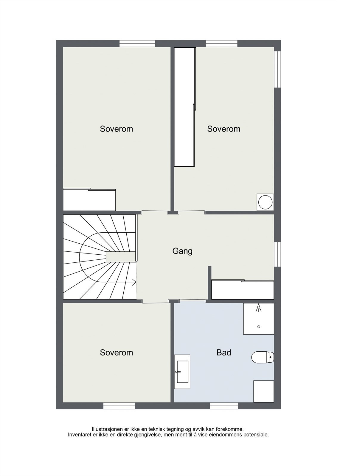 Andre etasje inneholder tre soverom, et bad og en gang med lagringsplass. Galleribilde