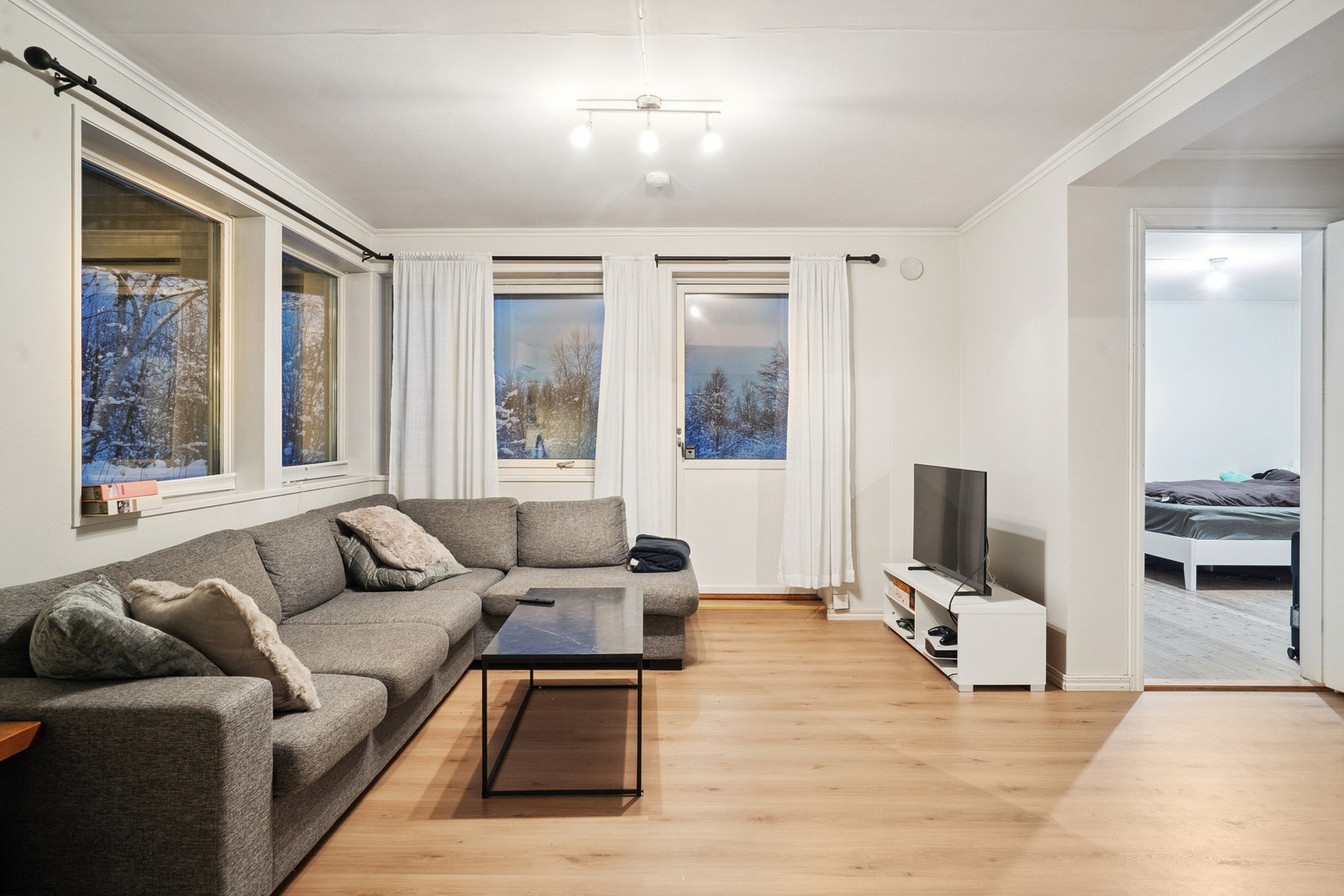 Romslig stue med store vindusflater Galleribilde