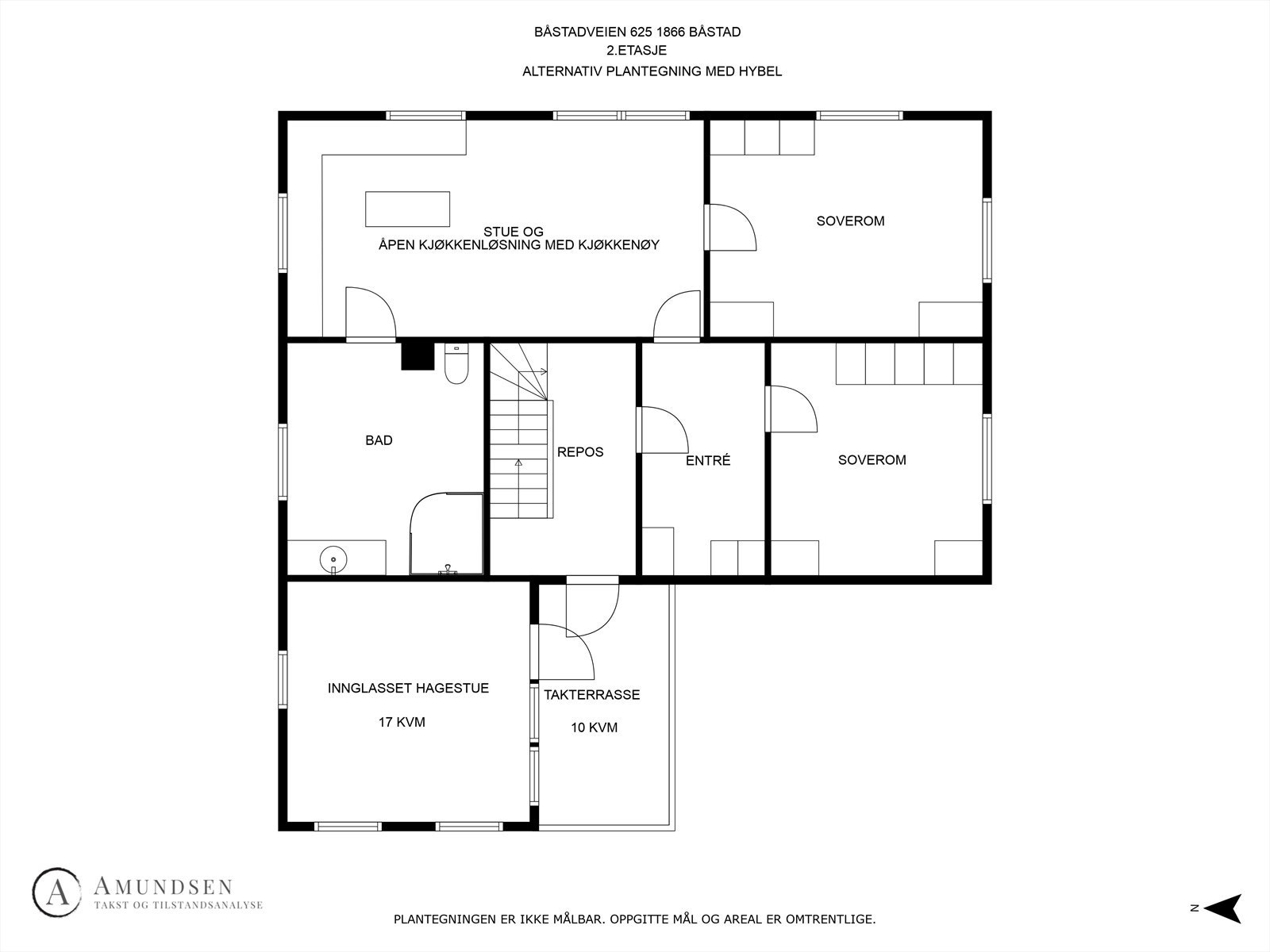 Alternativ plantegning - mulighet for etablering av hybel ved enkle tiltak. Det presiseres at en eventuell hybelløsning ikke utgjør en selvstendig boenhet, og omfattes derfor ikke av de samme søknadskravene som ved etablering av en separat boenhet. Galleribilde