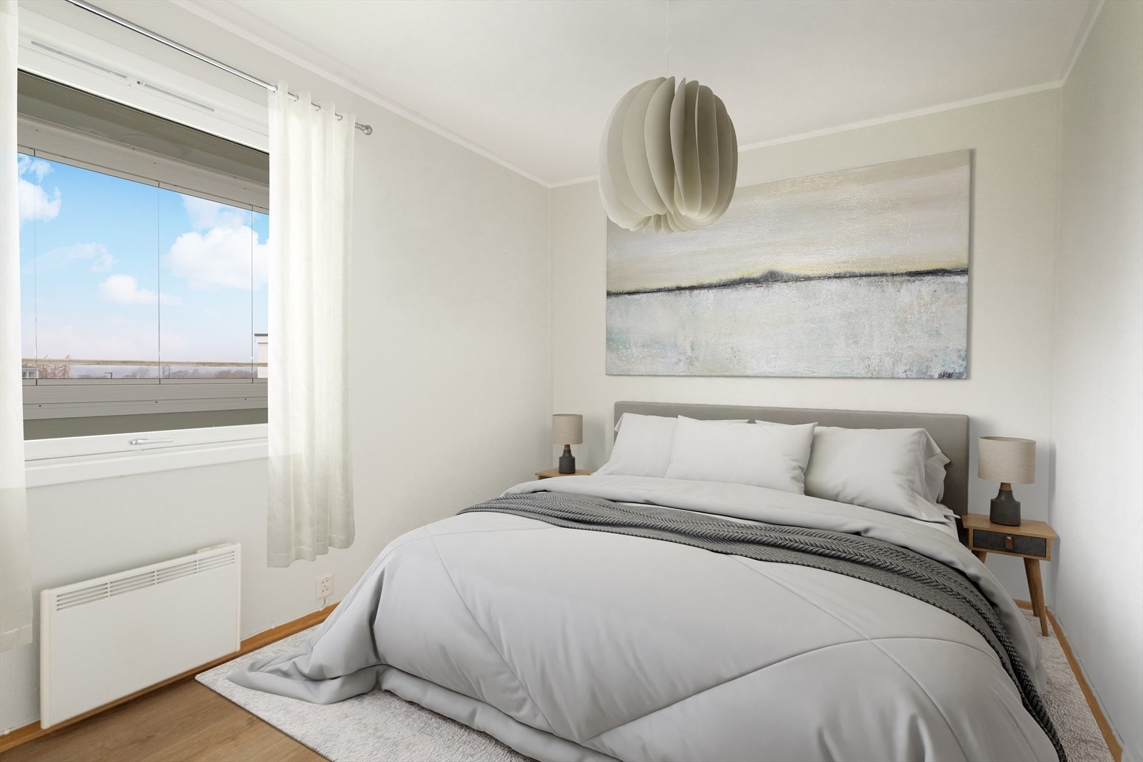 Leiligheten har to gode soverom. (Digital møblering, kun en illustrasjon.) Galleribilde