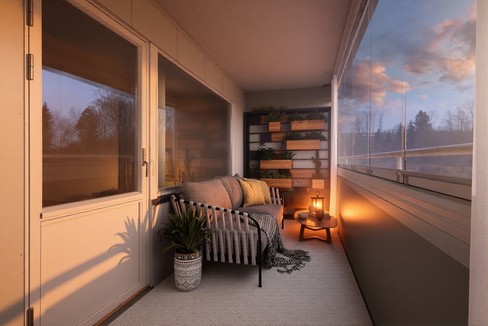 Leiligheten ligger lunt og fint i 3.etasje, med romslig, innglasset veranda .
(Digital møblering, kun en illustrasjon. Bildet er også redigert, faktiske lysforhold kan variere.) Galleribilde