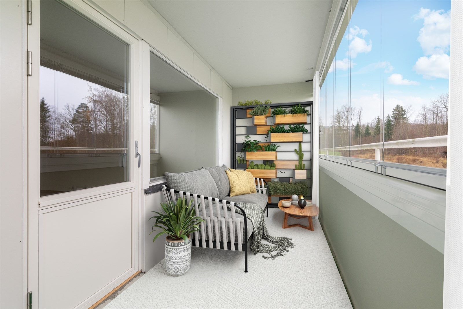 En lys og romslig 3-roms leilighet med innglasset veranda på 12 kvm og fin utsikt over nærområdene. Det er enkel adkomst via heis. (Digital møblering, kun en illustrasjon.) Galleribilde