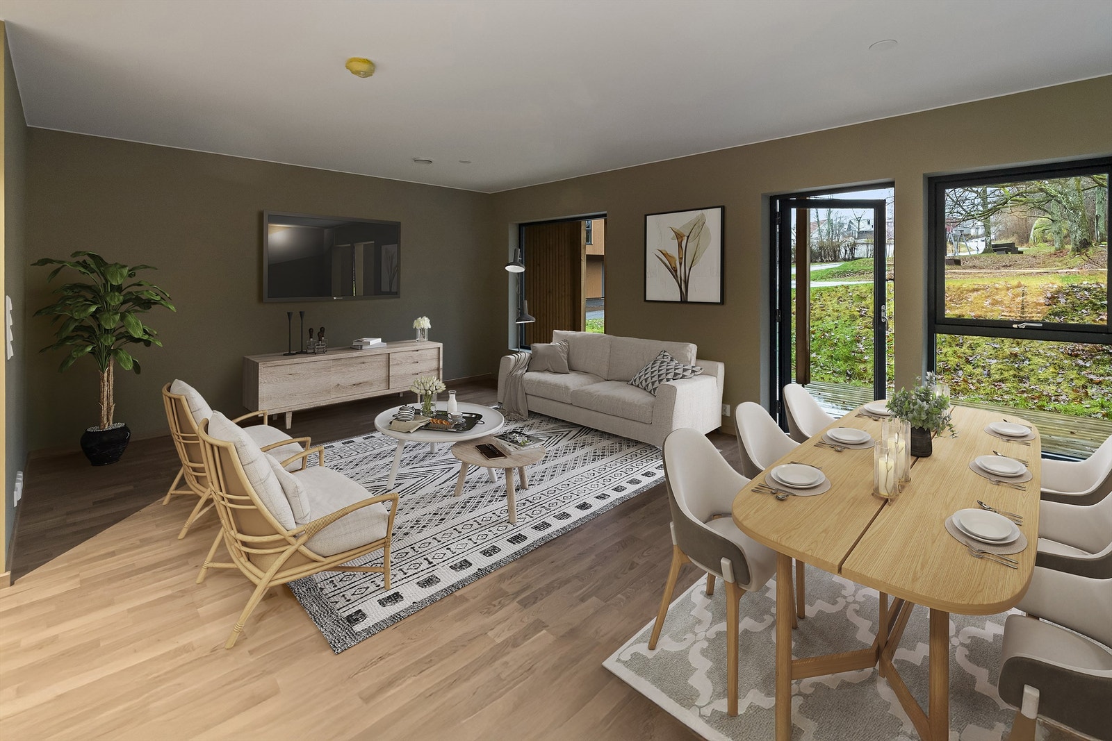 Stue med utgang til terrasse - digital stylet Galleribilde