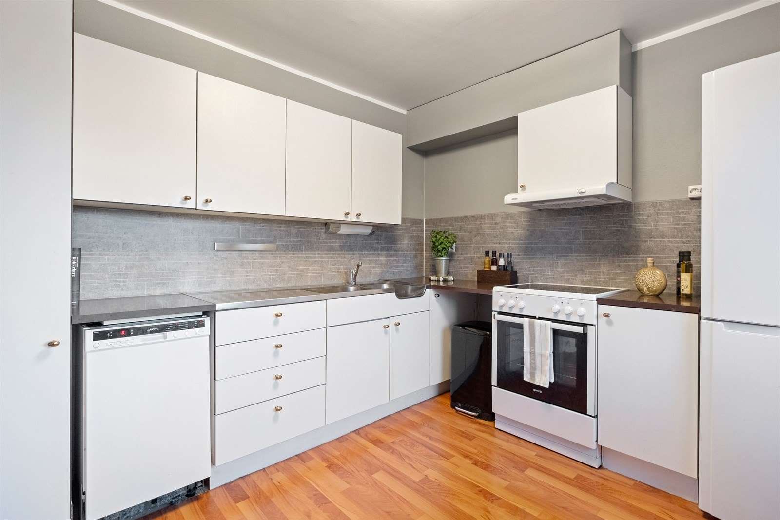 Oppvaskmaskin og komfyr sikrer funksjonalitet i kjøkkenet. Galleribilde