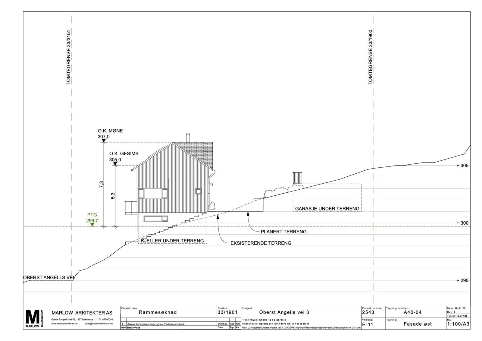 Fasade-øst. Tegninger innsendt i opprinnelig rammesøknad til Plan og Bygg. Forslaget er under behandling og foreløbig ikke godkjent Galleribilde