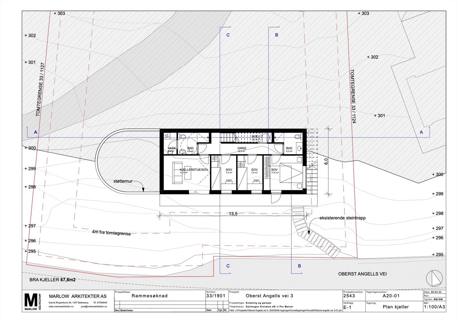 Plan-kjeller. Tegninger innsendt i opprinnelig rammesøknad til Plan og Bygg. Forslaget er under behandling og foreløbig ikke godkjent Galleribilde