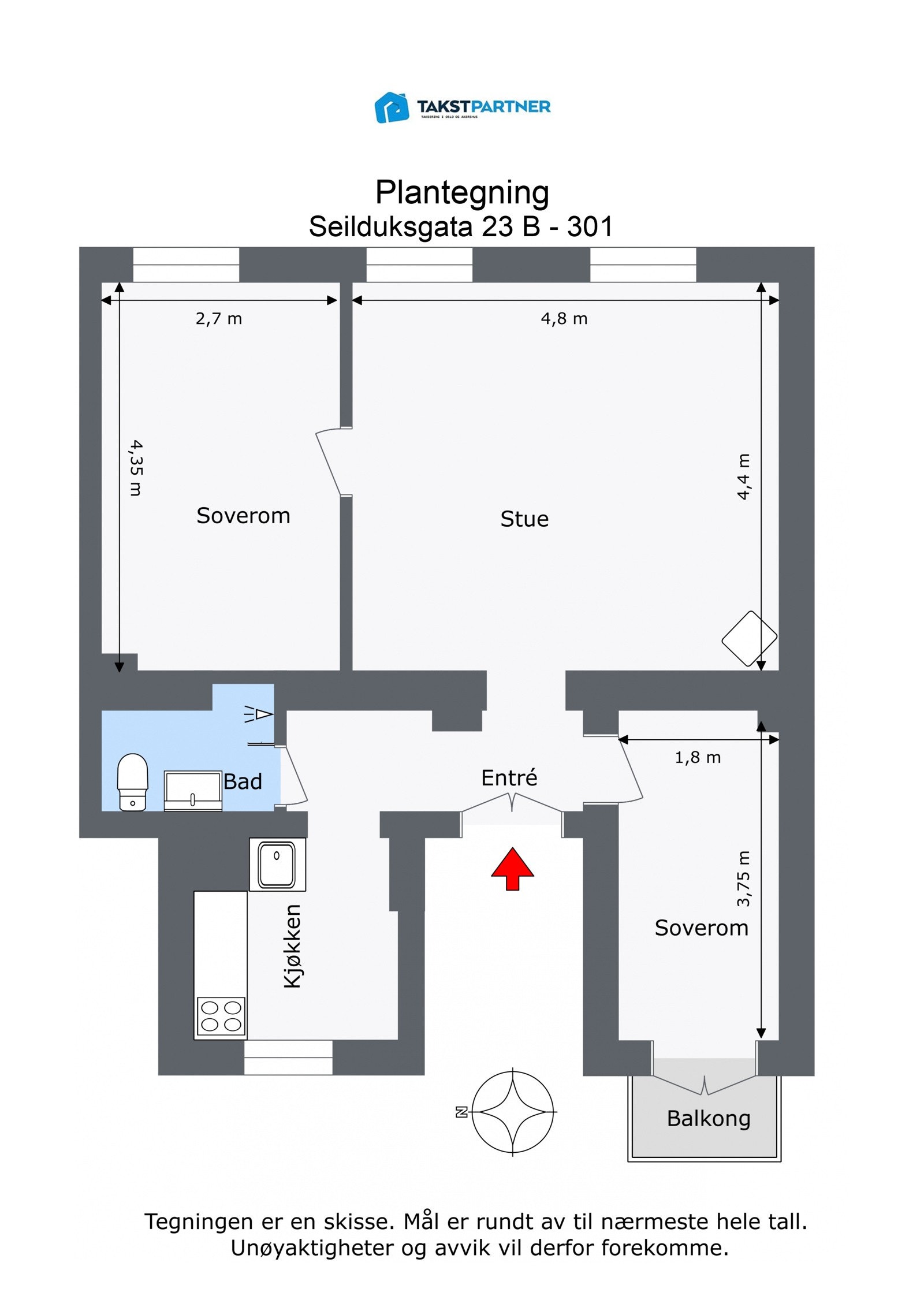 Plantegning 3. etasje. I tillegg disponerer leiligheten en bod. Galleribilde