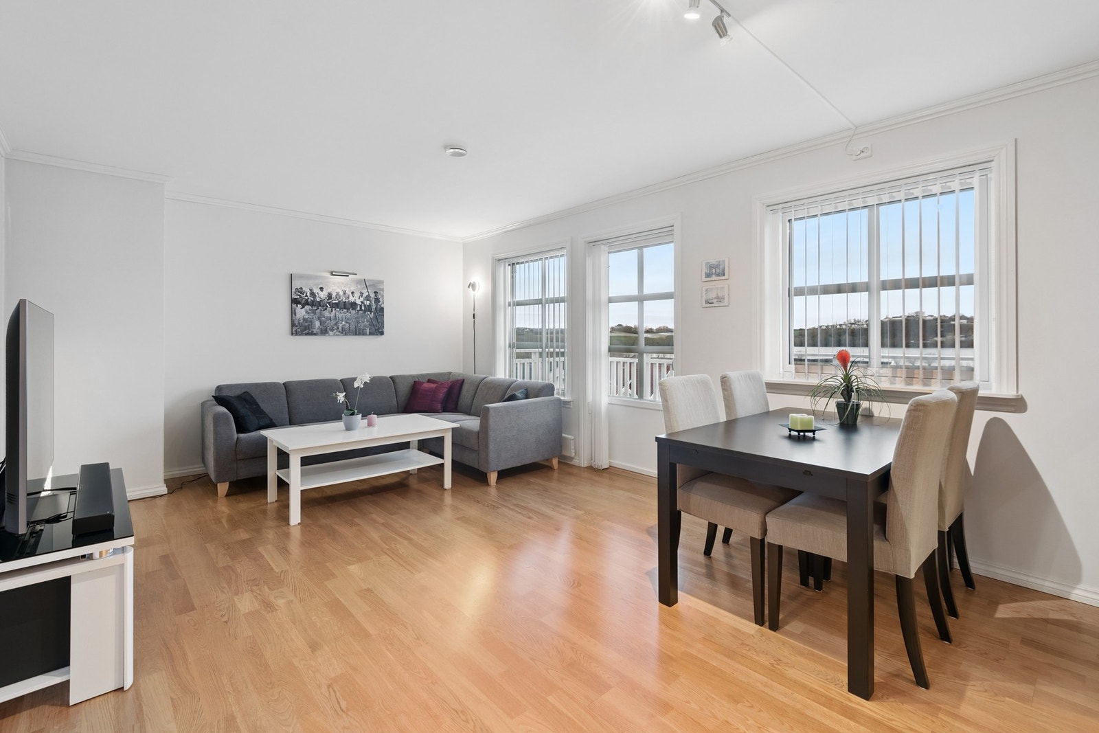 Stua er romslig med god plass til både spisemøbler og sofagruppe. Utgang til terrasse. Galleribilde