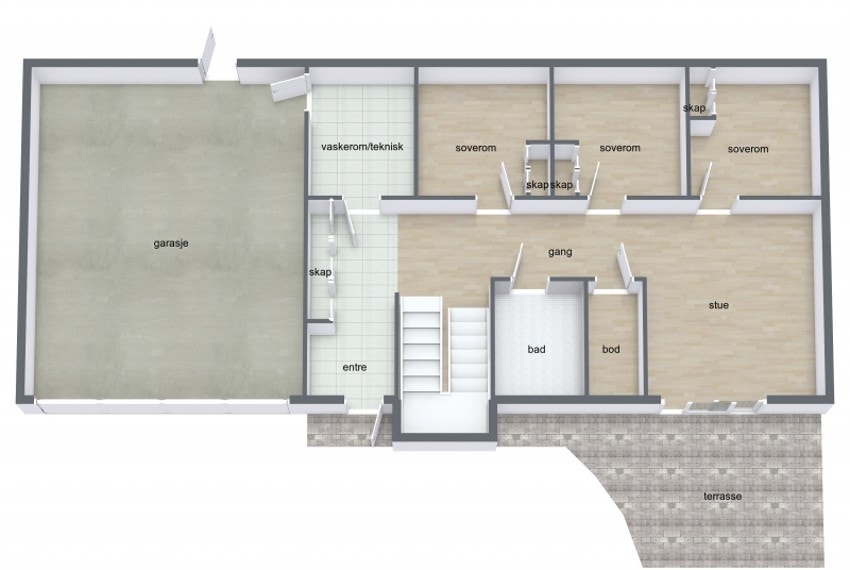 1.etg. byr på: gang, bad, vaskerom, bod, 3 soverom og stue. Galleribilde