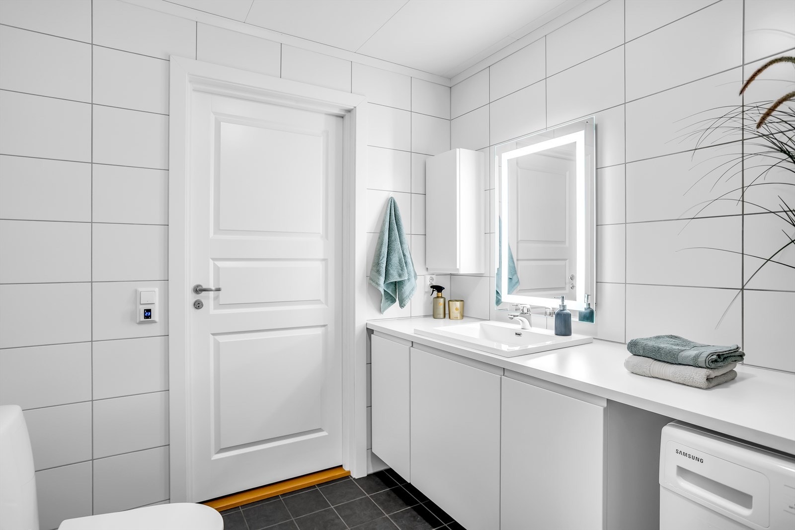 Her er det et dusjhjørne med innfellbare dører og opplegg for vaskemaskin. Galleribilde