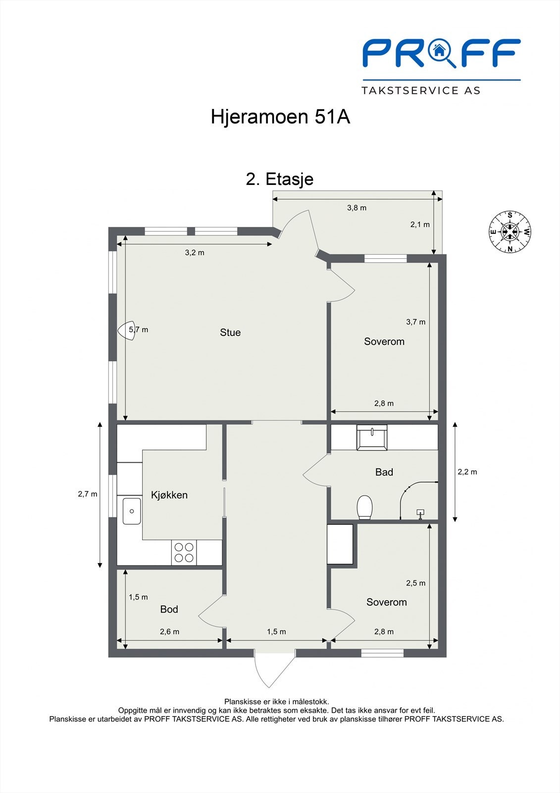 Plantegningen viser en arealeffektiv leilighet på 70 m² med to soverom og intern bod. Galleribilde