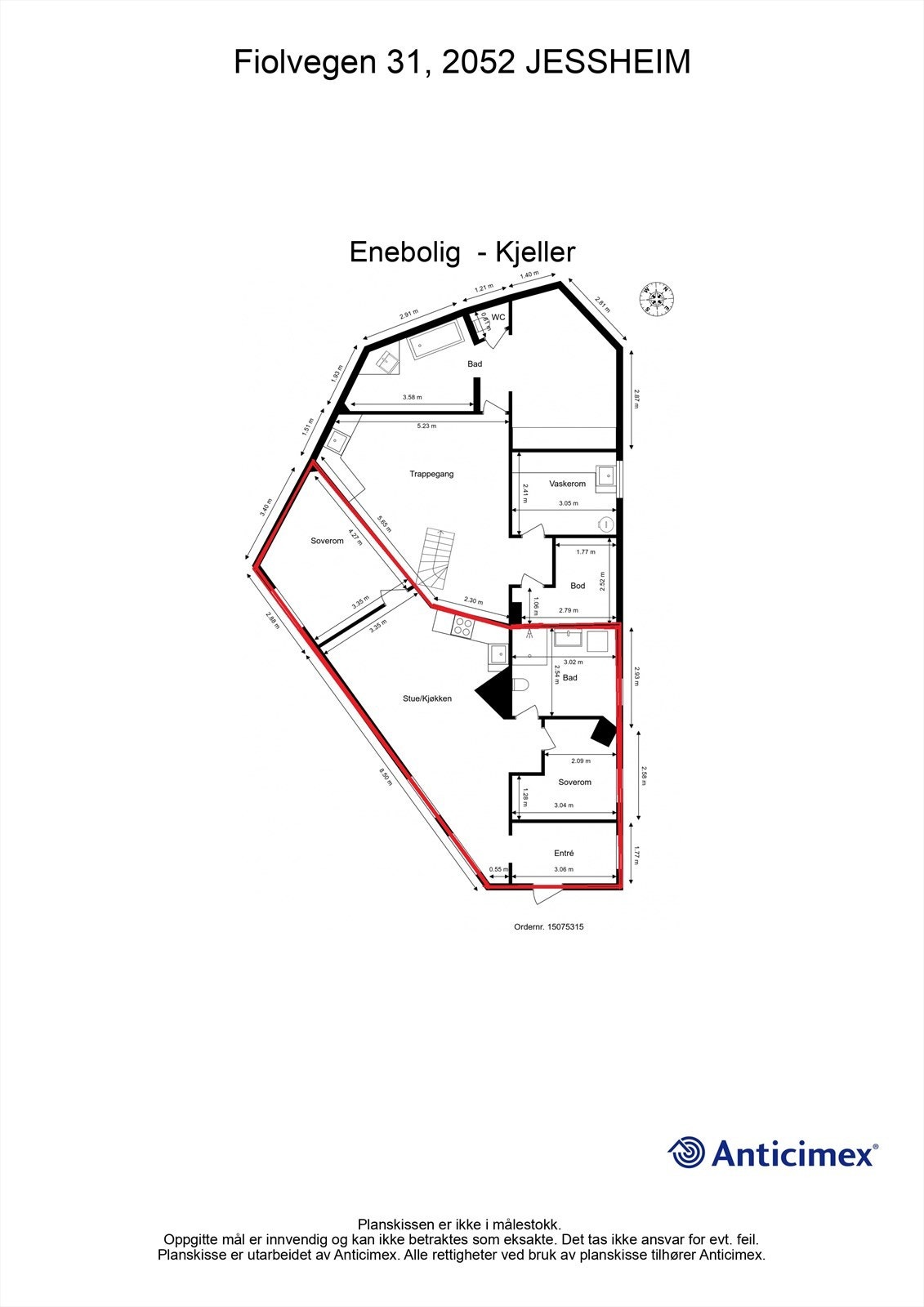 Rød markering viser hvordan underetasje fremstår i dag Galleribilde