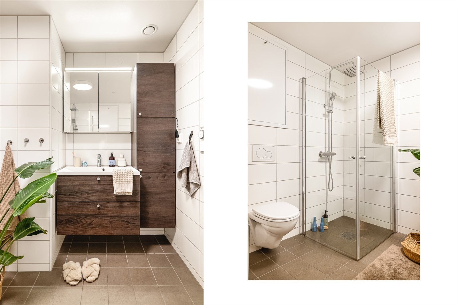 Badet er innredet med nedfelt servant, veggmontert toalett og dusjvegger/hjørne. Galleribilde