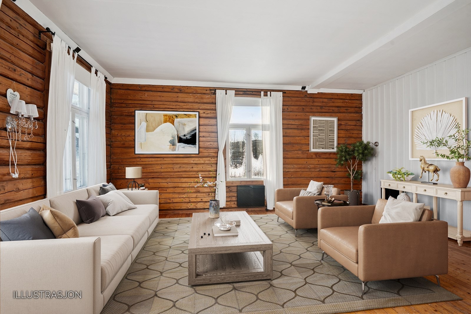 Illustrasjonen viser et forslag til møblering av stuen med tømmervegger. Galleribilde