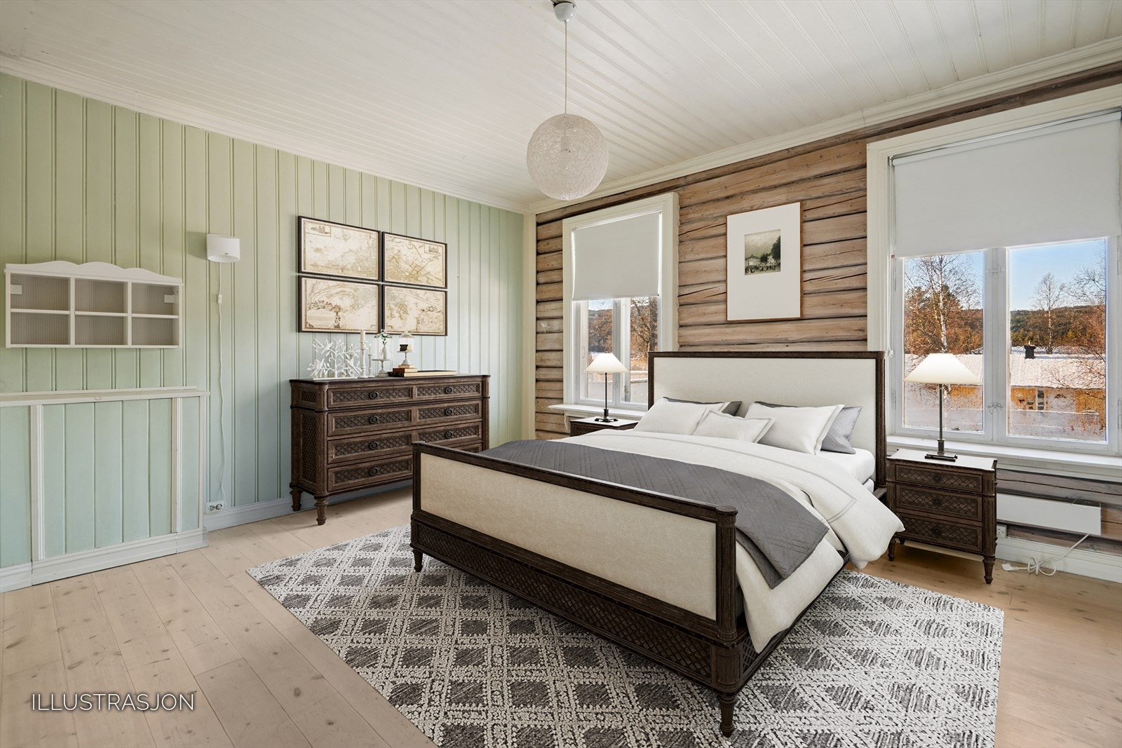 Soverommene er romslige, som vist i denne møbleringsillustrasjonen. Galleribilde