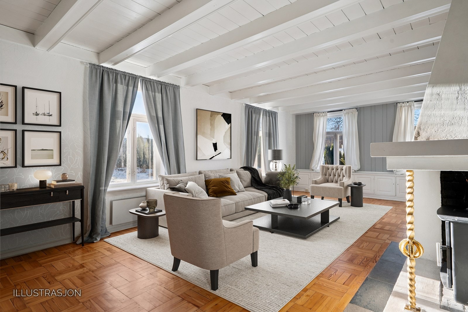 Boenheten har to stuer. Den ene har klassisk stavparkett og synlige takbjelker som setter sitt preg på rommet. Galleribilde