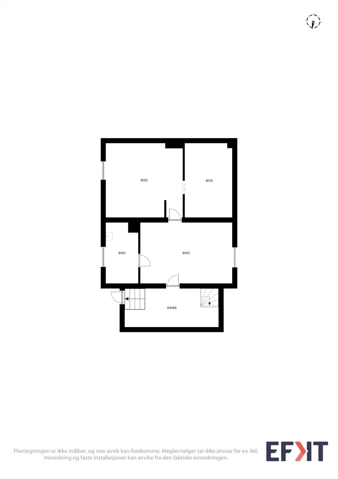 Plantegning for kjelleren, som inneholder vaskerom og flere boder for lagring. Galleribilde