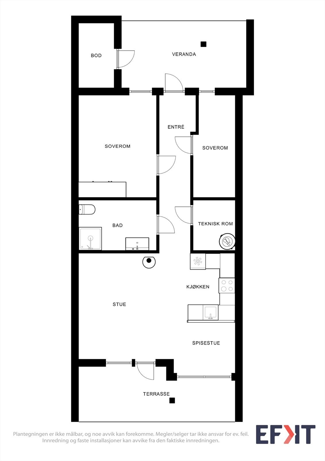 Plantegningen viser en arealeffektiv planløsning med tre soverom, bod og åpen stue/kjøkken-løsning. Galleribilde