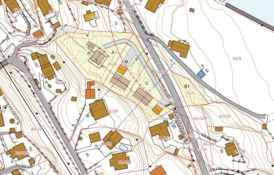 Illustrasjonsbilde ved fradeling av tomt på situajsonskart. Boligene er ikke byggesøkt, men er ment som en illustrasjon på hvordan byggene kan stå. Galleribilde