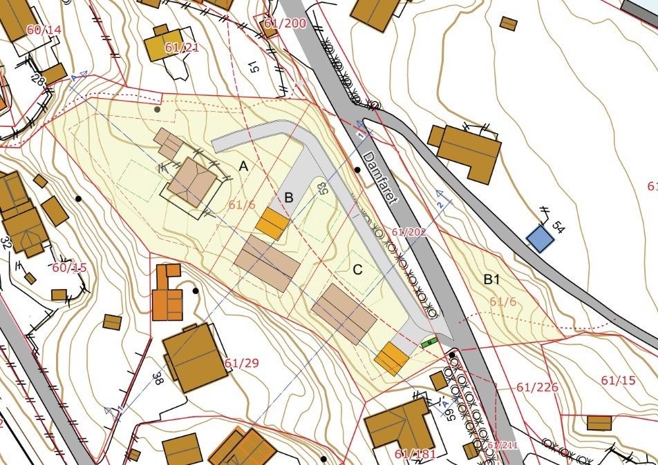 Illustrasjonsbilde ved fradeling av tomt på situajsonskart. Boligene er ikke byggesøkt, men ment som illustrasjon. Her ser man hvordan nåværende grusvei skal omlegges. Galleribilde