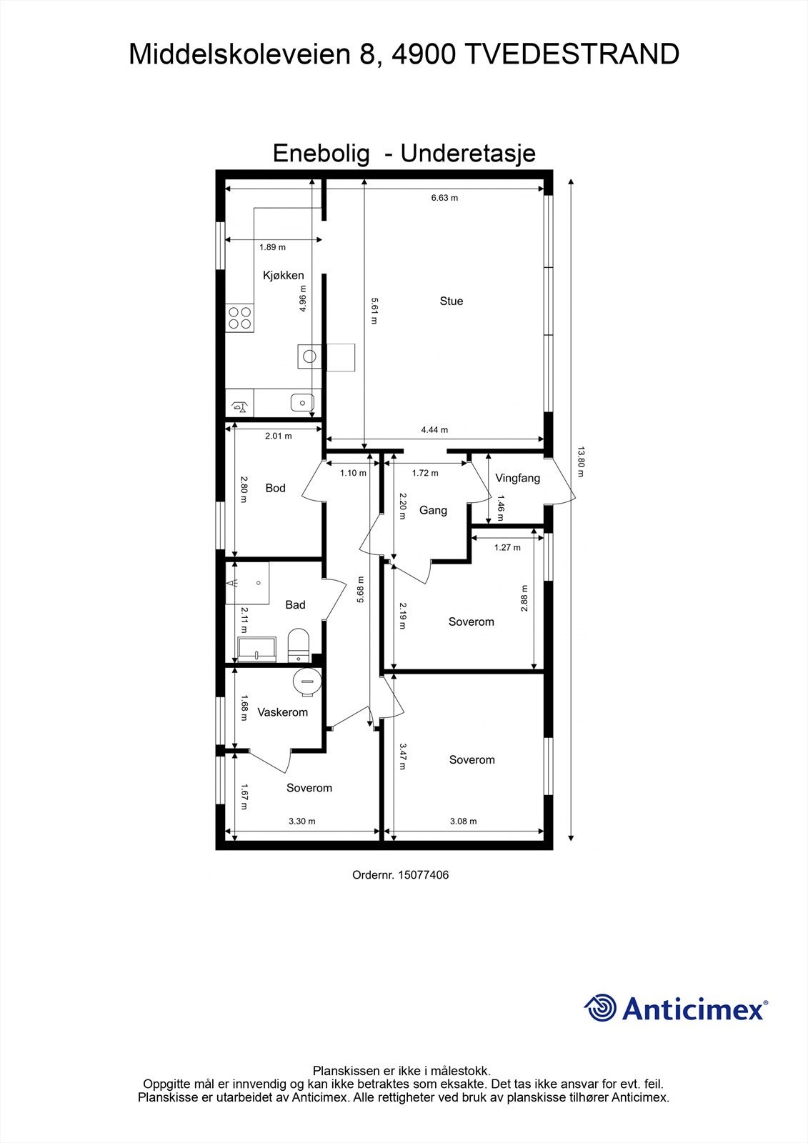 Plantegning Underetasje - Kjøkkenet og det ene soverommet er ikke omsøkt/godkjent til varig opphold. Se mer informasjon i salgsoppgaven. Galleribilde