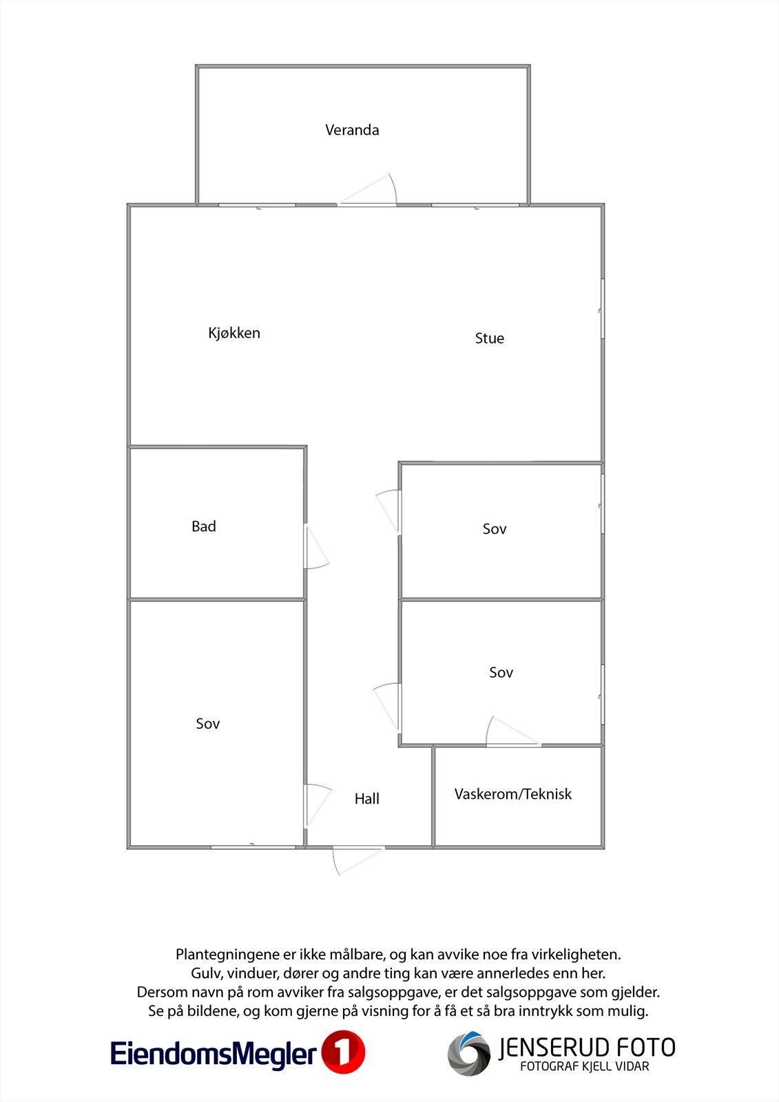 Plantegningen viser en arealeffektiv planløsning med tre soverom, bad og separat vaskerom/bod/teknisk rom Galleribilde