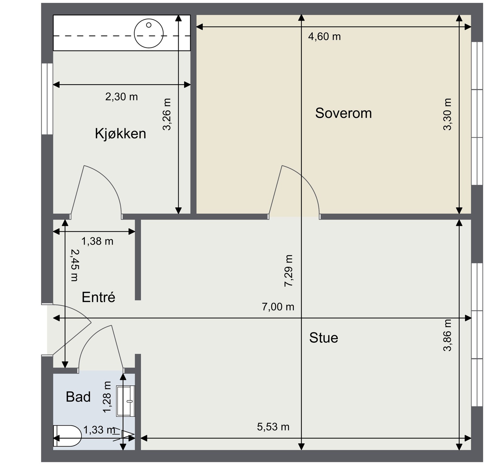 Plantegning som viser stort potensial, der flere naboer har flyttet kjøkken til soverommet og motsatt. Andre har også gjort det om til en 3-roms Galleribilde
