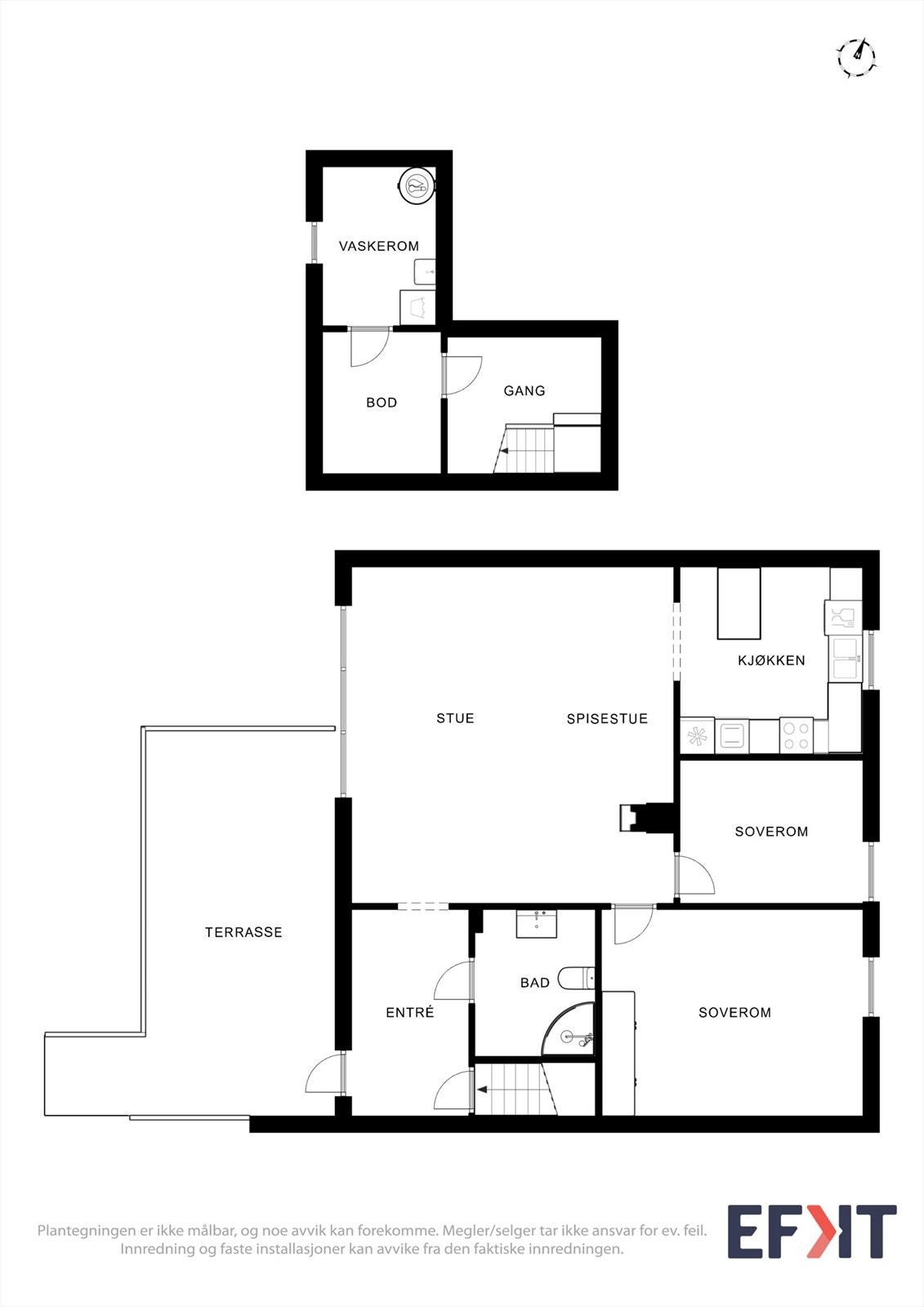 Plantegning som viser leilighetens romfordeling over første etasje og kjeller. Galleribilde
