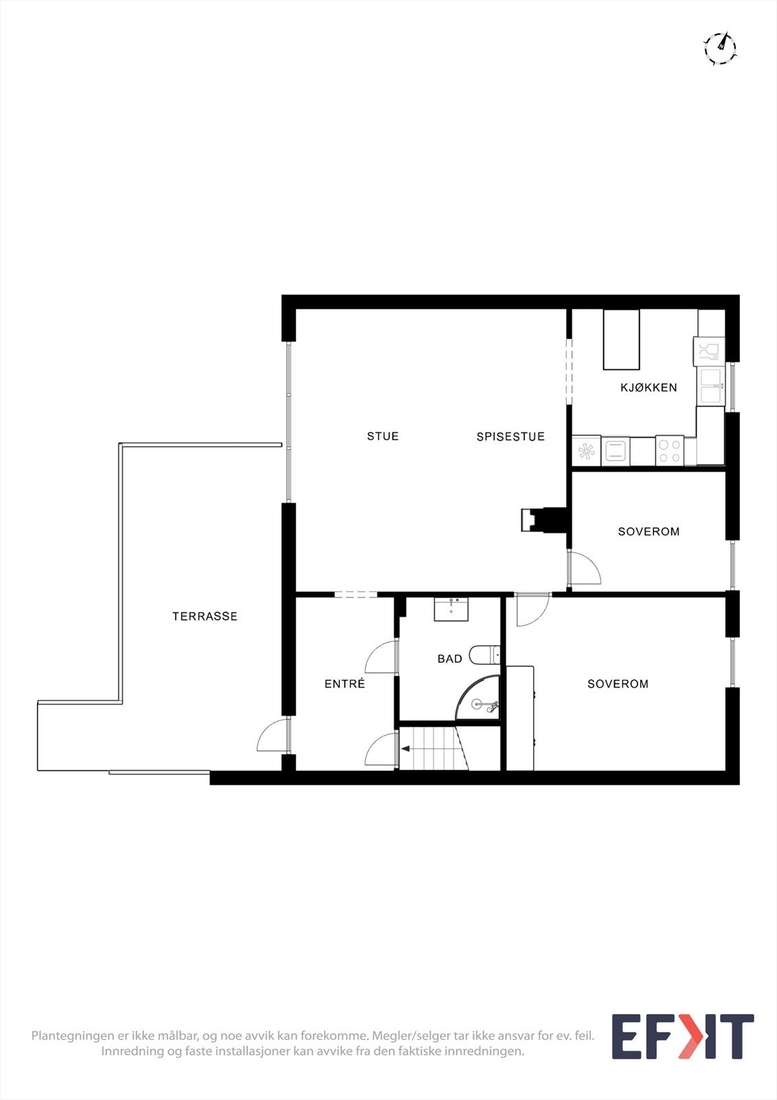 Første etasje inneholder entré, bad, to soverom og en åpen stue- og kjøkkenløsning. Galleribilde