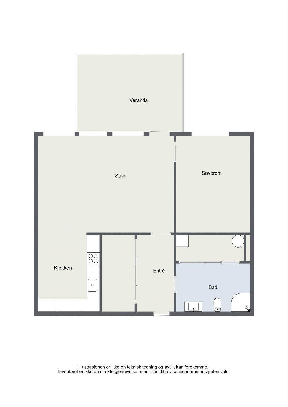 Plantegningen viser en arealeffektiv leilighet med god romfordeling. Galleribilde