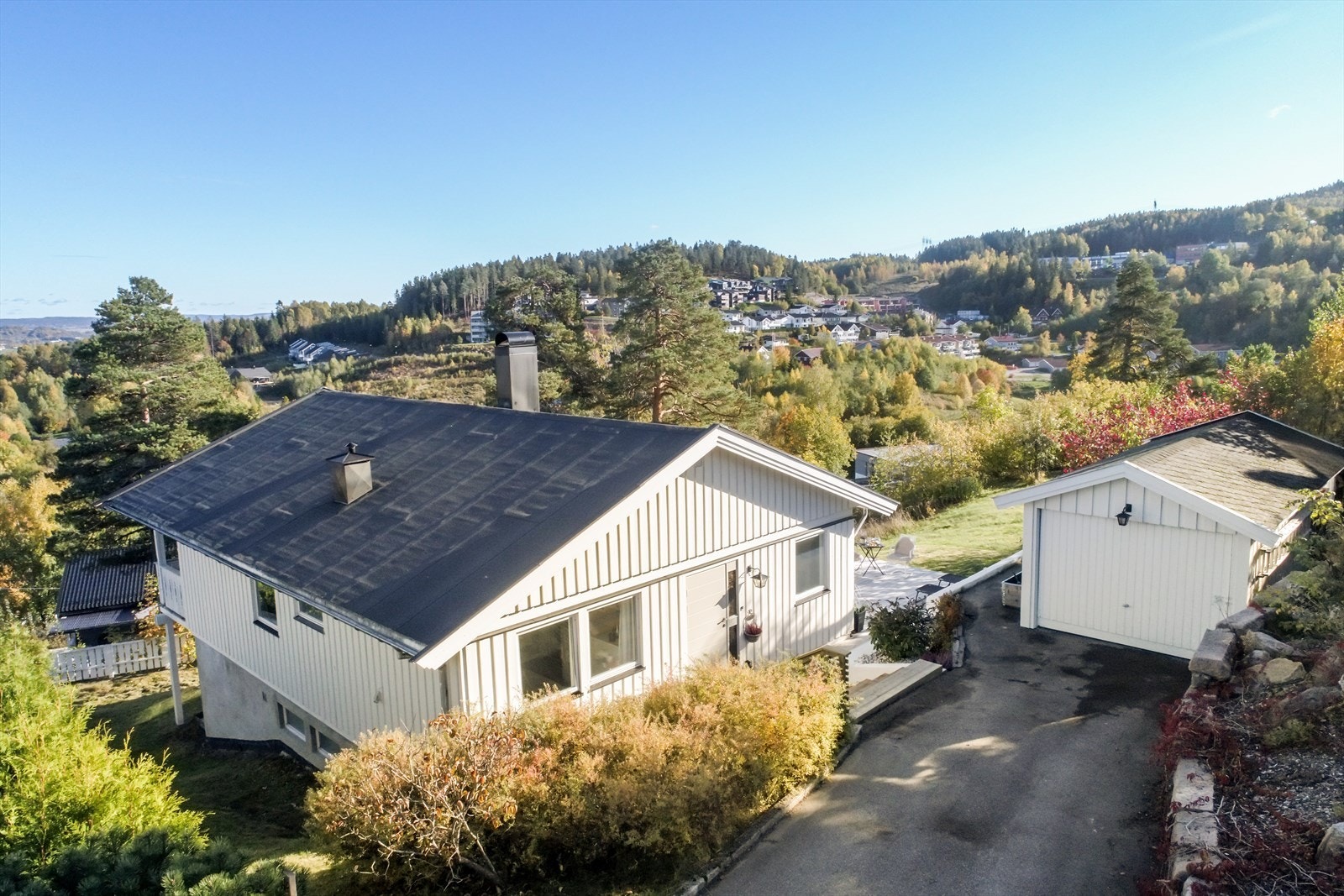 Eiendommen ligger i enden av en liten avstikker fra Likollen. Enkel garasje og parkering foran garasjen. Galleribilde