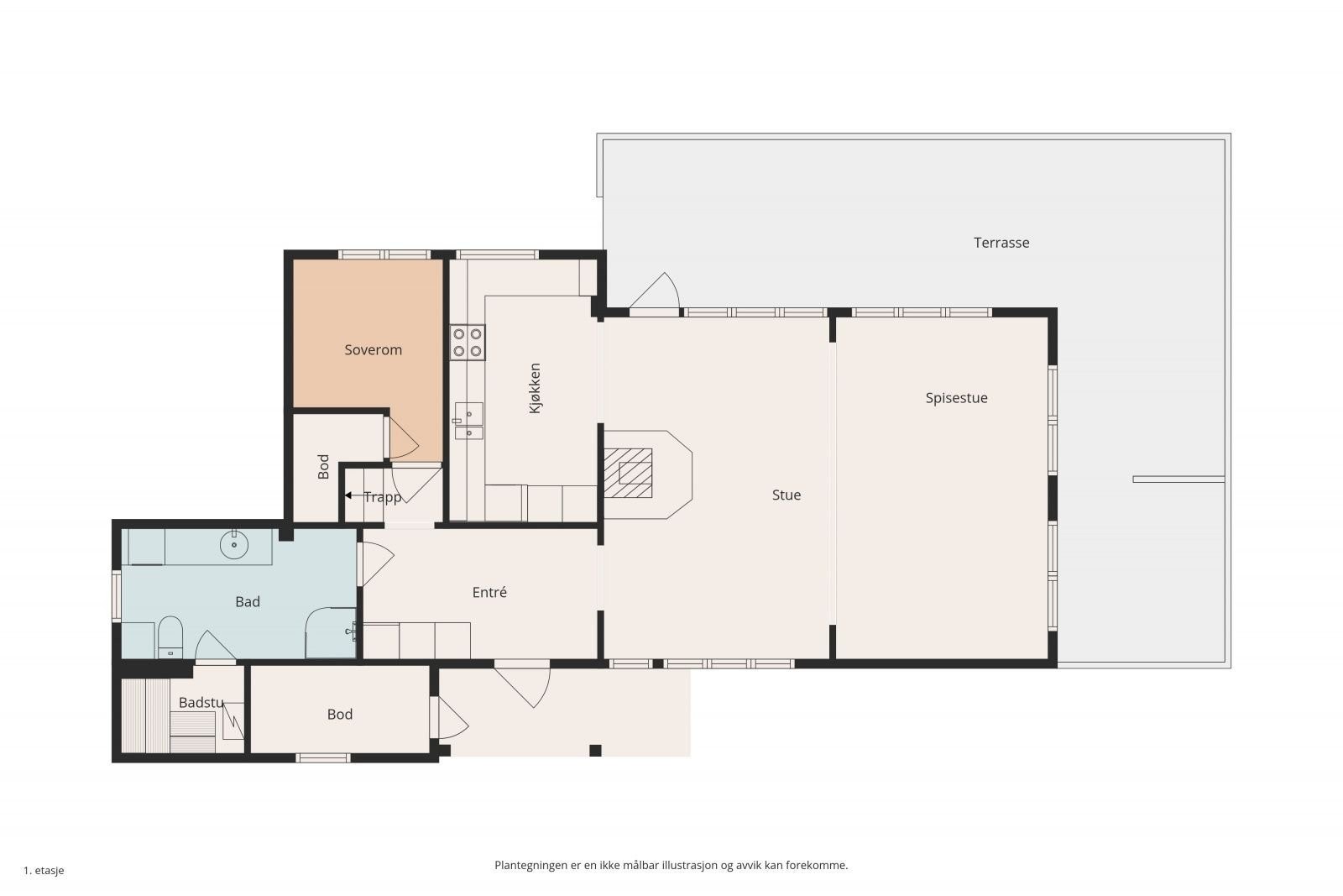 Plantegning 1.etasje viser en meget god planløsning og den store solrike terrassen. Galleribilde