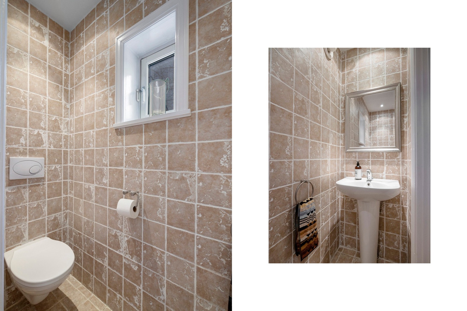 Praktisk plassert gjestetoalett i tilknytning til entréen, med flislagte overflater, vegghengt toalett og gulvvarme. Galleribilde