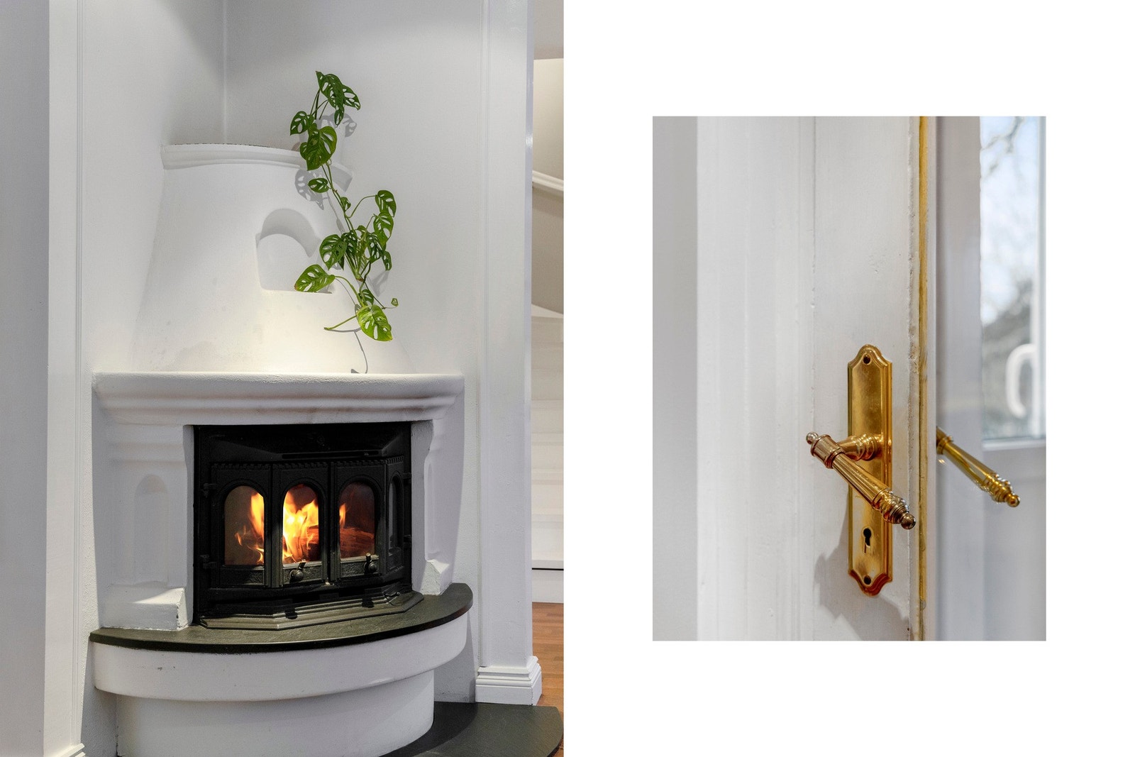 Midt i rommet står en stilren peisovn som både varmer og skaper ekstra stemning på kalde kvelder. Galleribilde