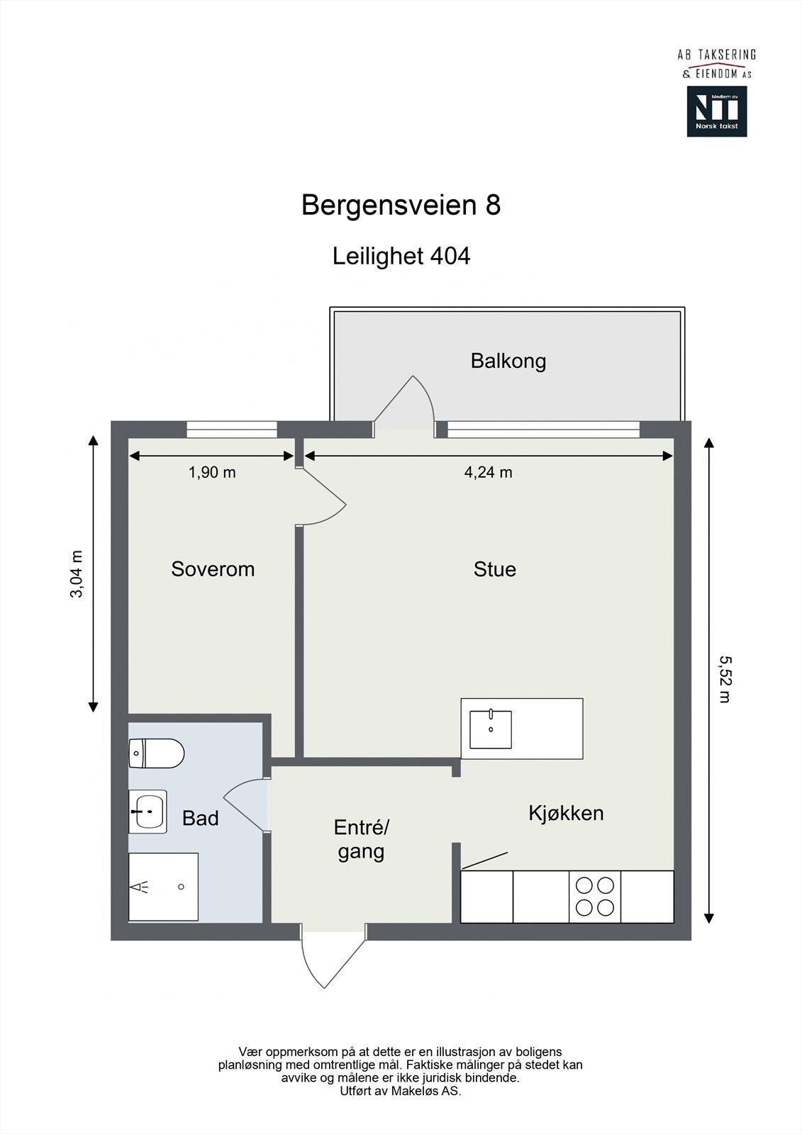 Alternativ planløsning: Her ser vi at kjøkkenet er flyttet ut i stuen for å etablere et soverom der hvor dagens kjøkken ligger. Dette er en løsning sett gjort hos flere naboer i bygget. Undersøkelser og eventuell risiko for utførelsen hviler på kjøper. Galleribilde