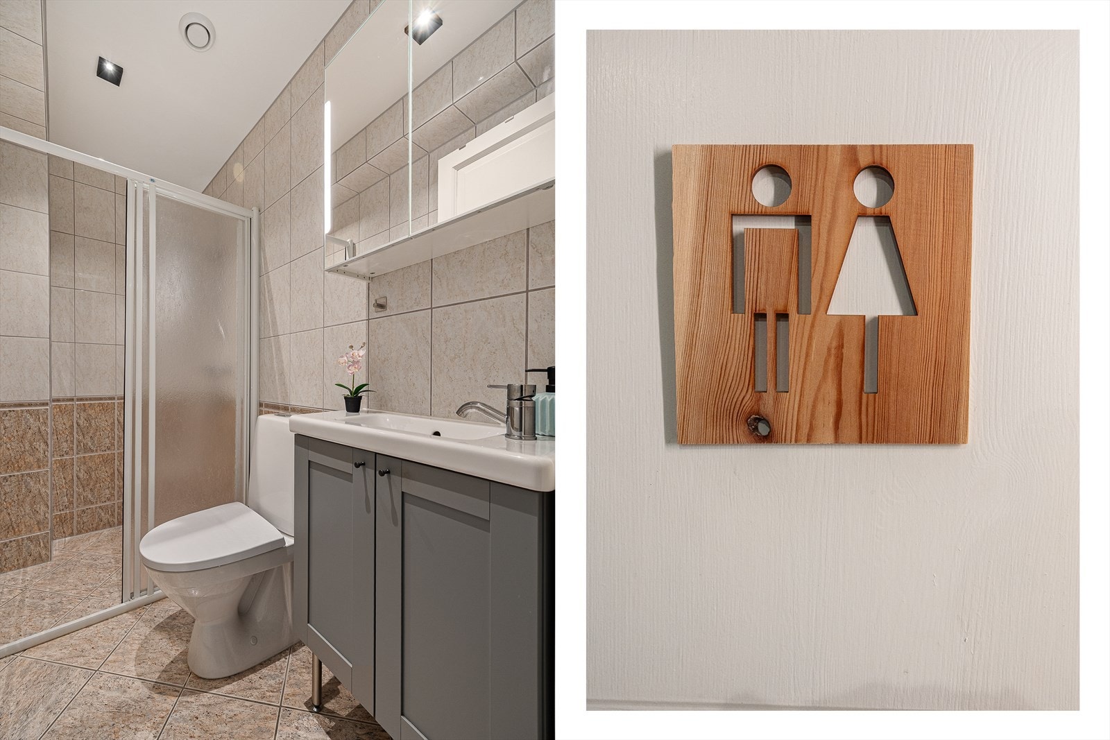 Badet i 1.etasje er helfliset med varmekabler i gulv. Badet er innredet med baderomsrinnedning med servant, dusj og toalett. Ny baderomsinnredning og wc fra 2022. Galleribilde