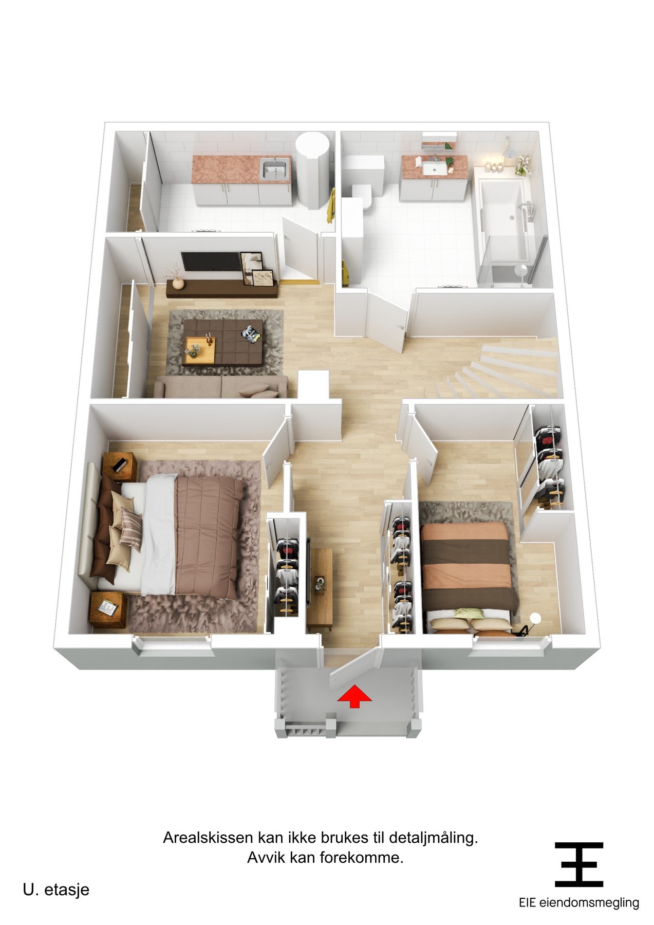 Boligens planløsning underetasje - 3D. Galleribilde