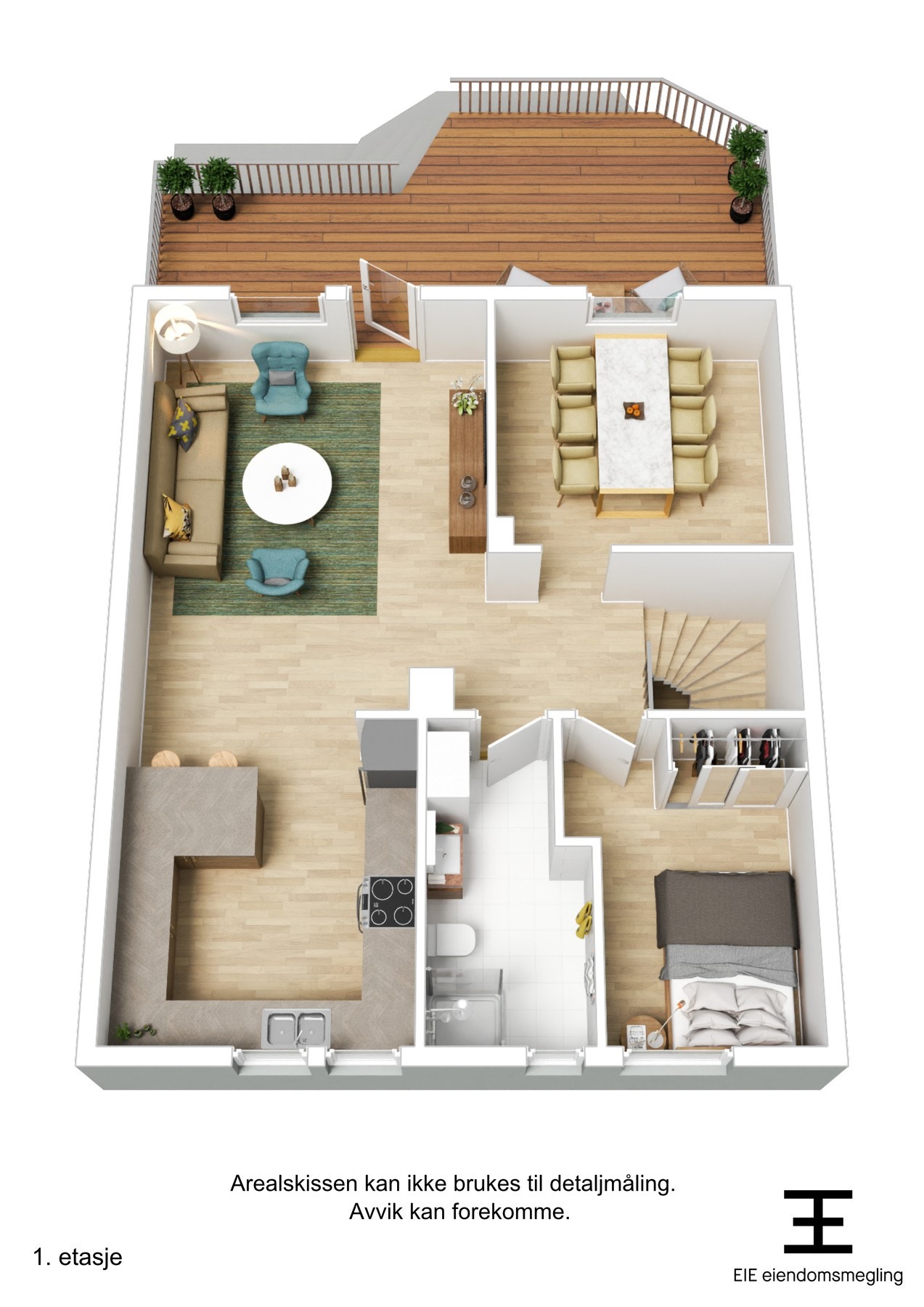 Boligens planløsning 1. etasje - 3D. Galleribilde