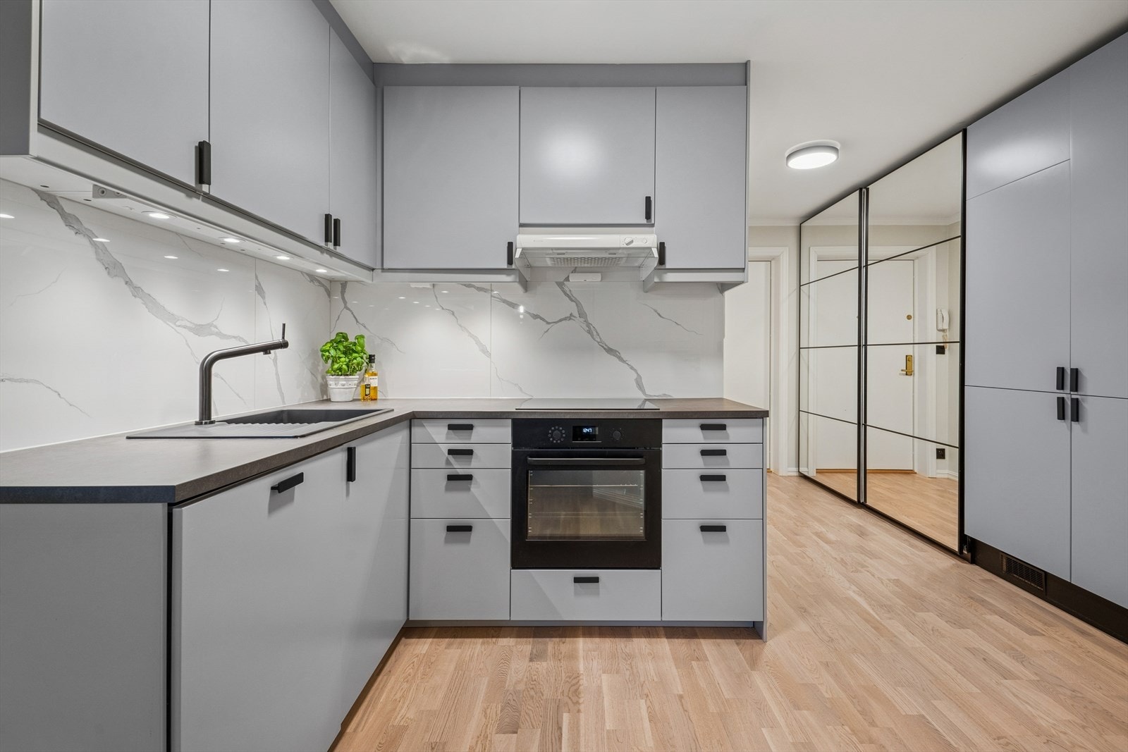 Hvitevarer som induksjonstopp, stekeovn, kjøl/frys og oppvaskmaskin er integrert i innredningen. Galleribilde