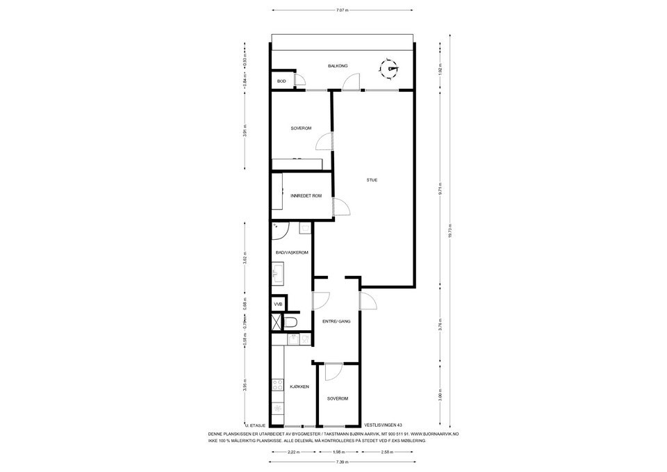 Plantegningen viser en arealeffektiv leilighet på 99 m² med stue, kjøkken, bad og tre soverom. Galleribilde